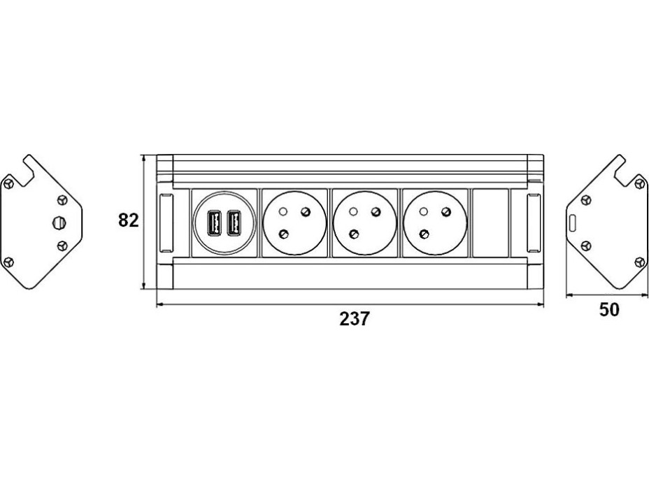 Prodlužovací přívod, 3 zásuvky + 2X USB, 1,5m, 3 x 1mm2, hliník, rohový design