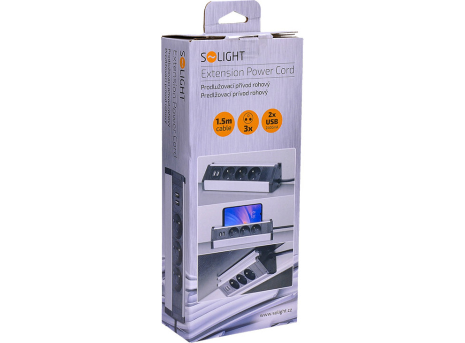 Prodlužovací přívod, 3 zásuvky + 2X USB, 1,5m, 3 x 1mm2, hliník, rohový design