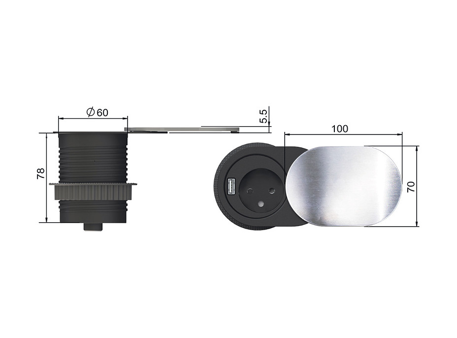 1x vestavná zásuvka + 1x USB s posuvným víčkem, délka 1,9m, USB 2400mA