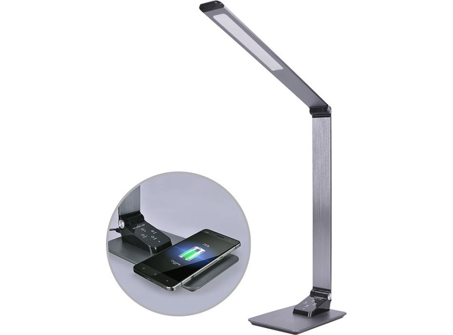 LED stolní lampička stmívatelná, 10W, indukční nabíjení, hliník, šedá