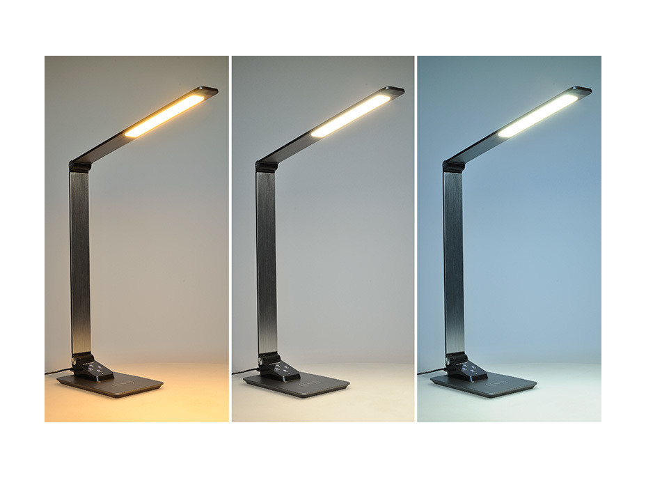 LED stolní lampička stmívatelná, 10W, indukční nabíjení, hliník, šedá