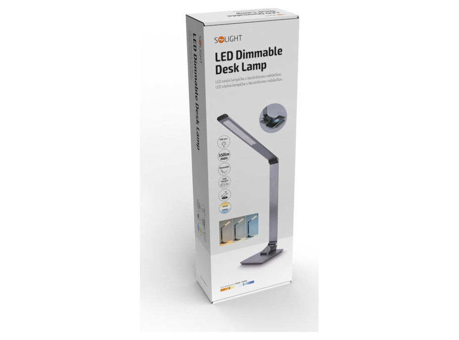 LED stolní lampička stmívatelná, 10W, indukční nabíjení, hliník, šedá
