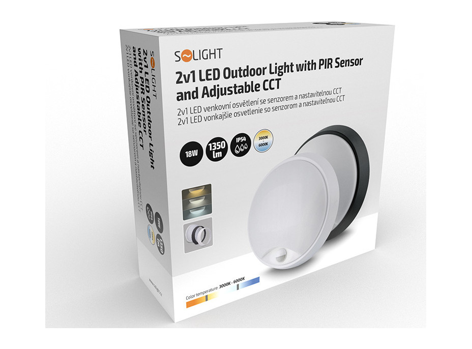 LED venkovní osvětlení se senzorem a nastavitelnou CCT, 18W, 1350lm, 22cm, 2v1 - bílý a černý kryt