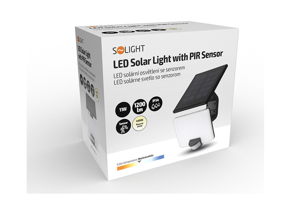 LED solární osvětlení se senzorem, 11W, 1200lm, Li-on, černá