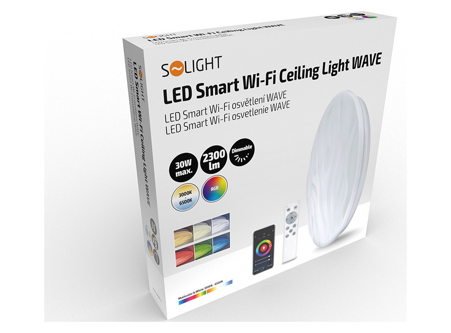 LED smart stropní světlo Wave, 30W, 2300lm, wifi, RGB + CCT, dálkové ovládání