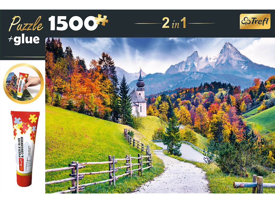 TREFL Sada 2v1 puzzle Kostel Maria Gern, Bavorsko 1500 dílků s lepidlem
