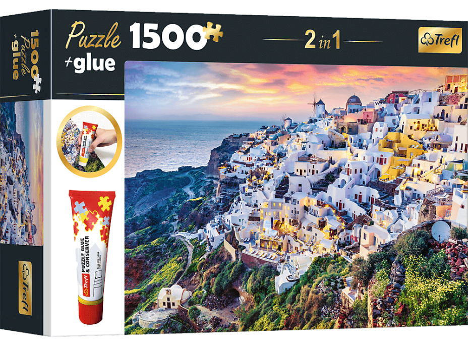 TREFL Sada 2v1 puzzle Nádherný ostrov Santorini, Řecko 1500 dílků s lepidlem