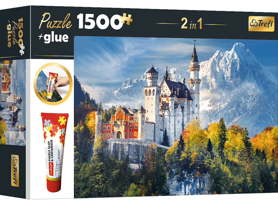TREFL Sada 2v1 puzzle Zámek Neuschwanstein na podzim 1500 dílků s lepidlem