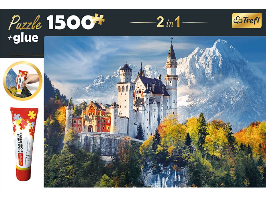 TREFL Sada 2v1 puzzle Zámek Neuschwanstein na podzim 1500 dílků s lepidlem
