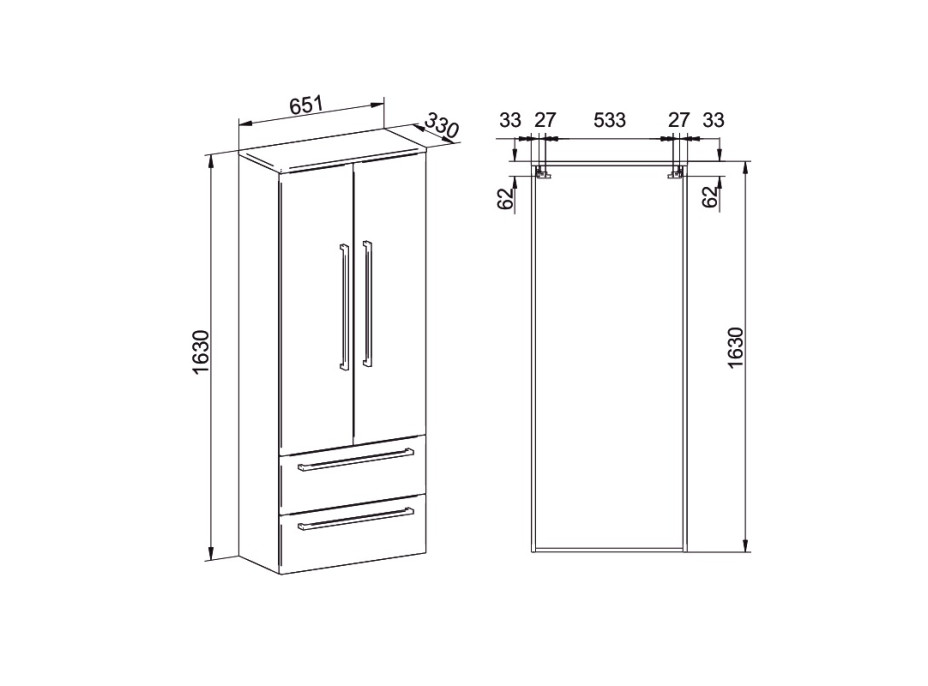 Koupelnová závěsná skříňka BINO - vysoká dvojitá - 163 cm