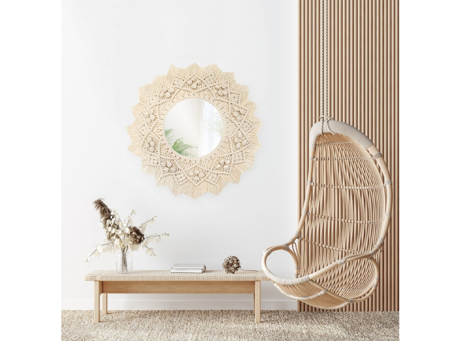 Kulaté zrcadlo s tkaným rámem BOHO 55 cm - bílé