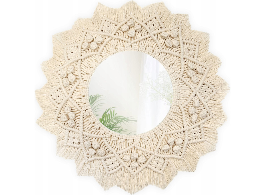 Kulaté zrcadlo s tkaným rámem BOHO 55 cm - bílé