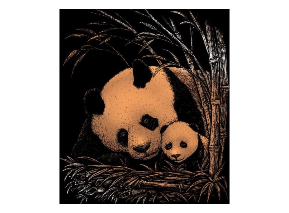 Měděný škrabací obrázek Panda s mládětem