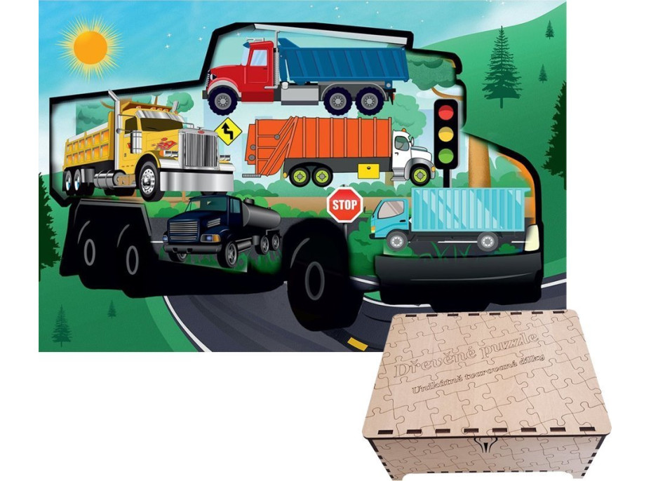 FA LIXEN Dřevěné puzzle Nákladní auta XL 389 dílků v dárkové krabičce