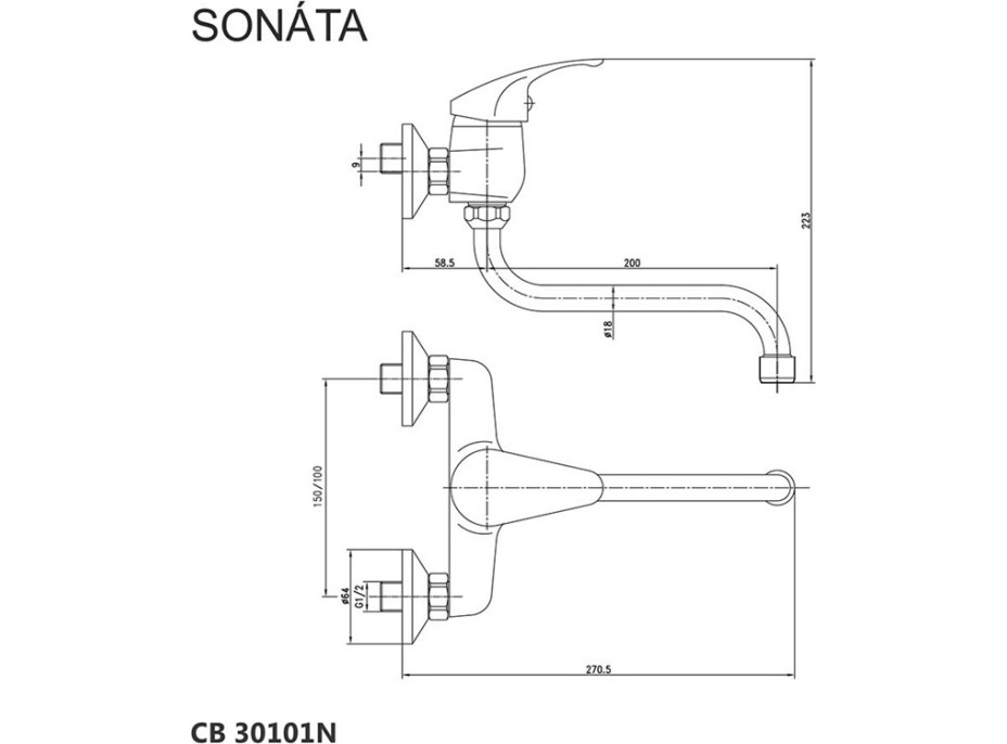 Kuchyňská dřezová nástěnná baterie SONÁTA - ramínko 20 cm - chromová