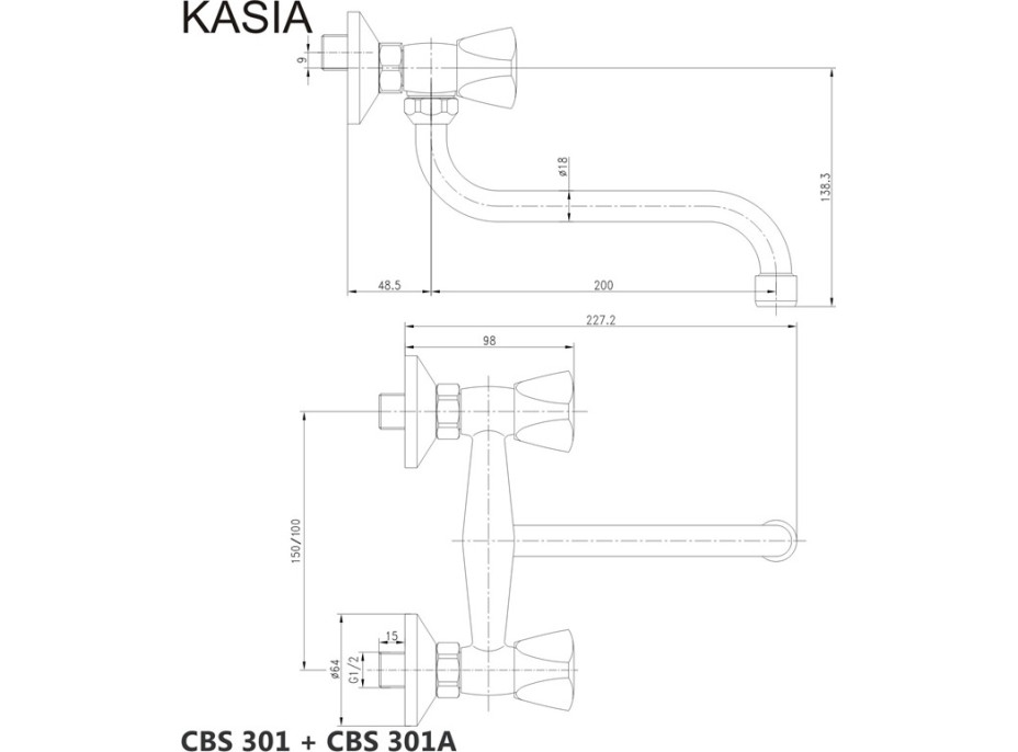 Kuchyňská dřezová nástěnná baterie KASIA - ramínko 20 cm - chromová
