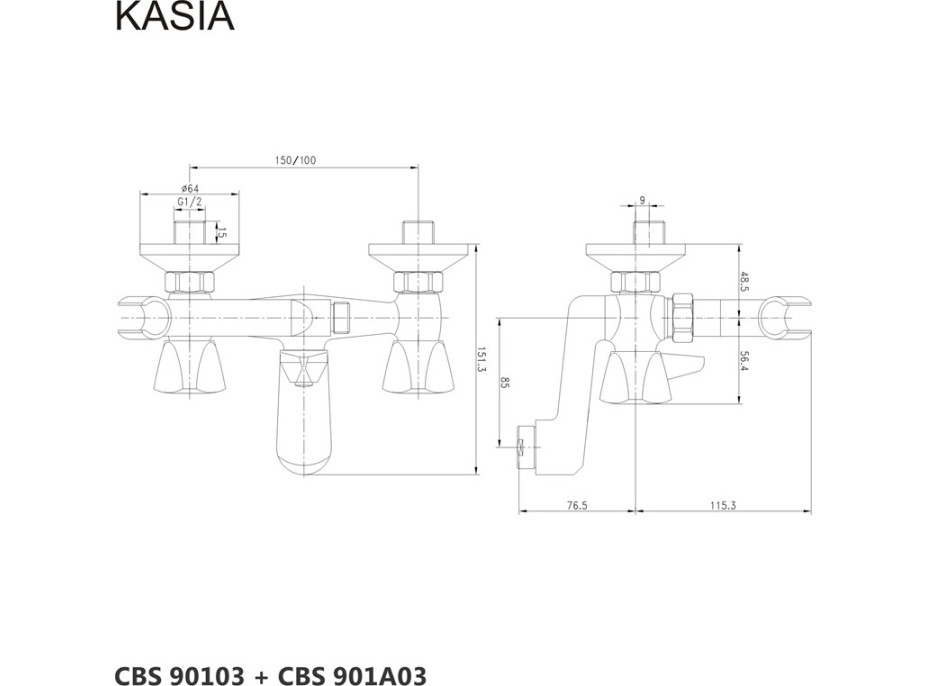 Vanová nástěnná baterie KASIA - chromová