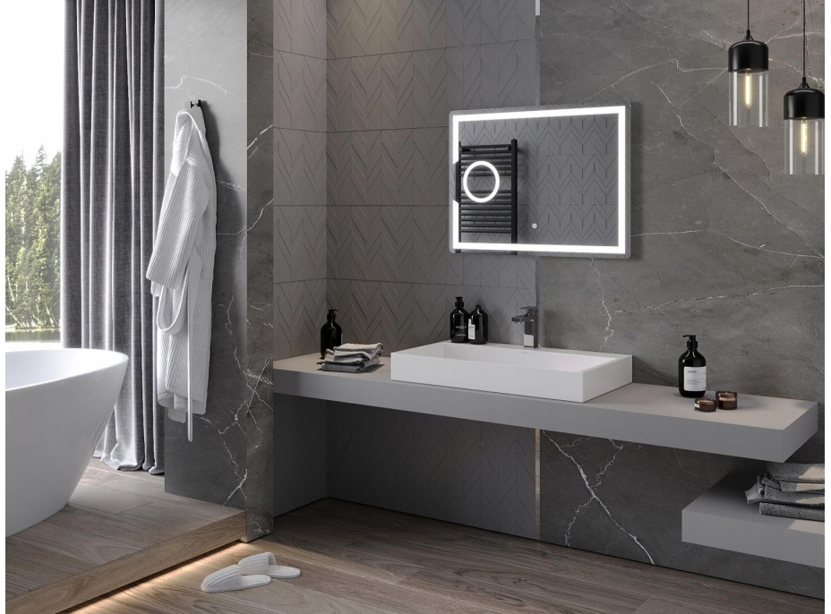 Obdélníkové zrcadlo MEXEN ONYX 80x60 cm - s LED podsvícením, zvětšovací lupou a vyhříváním, 9813-080-060-611-00
