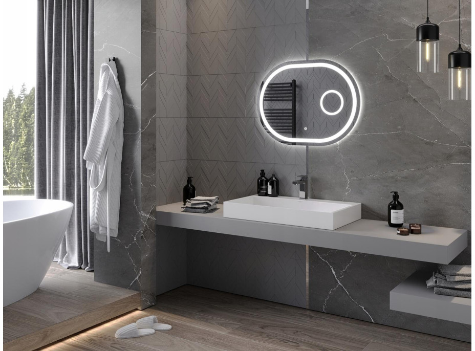 Oválné zrcadlo MEXEN UMBA 80x60 cm - s LED podsvícením, zvětšovací lupou a vyhříváním, 9822-080-060-611-00