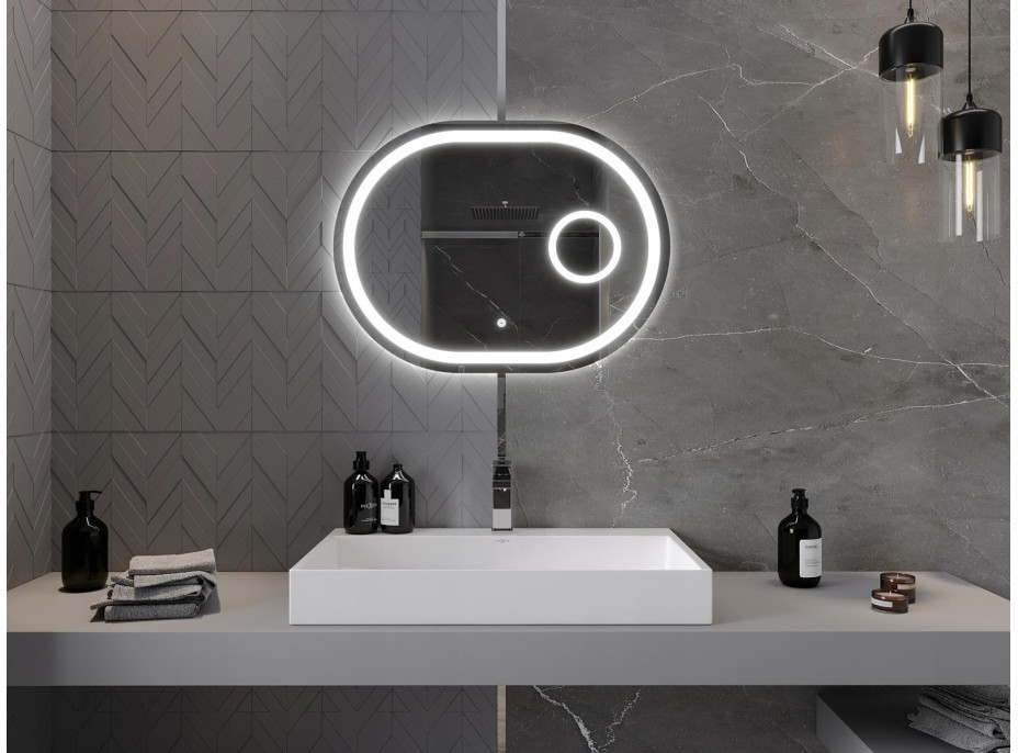 Oválné zrcadlo MEXEN UMBA 80x60 cm - s LED podsvícením, zvětšovací lupou a vyhříváním, 9822-080-060-611-00