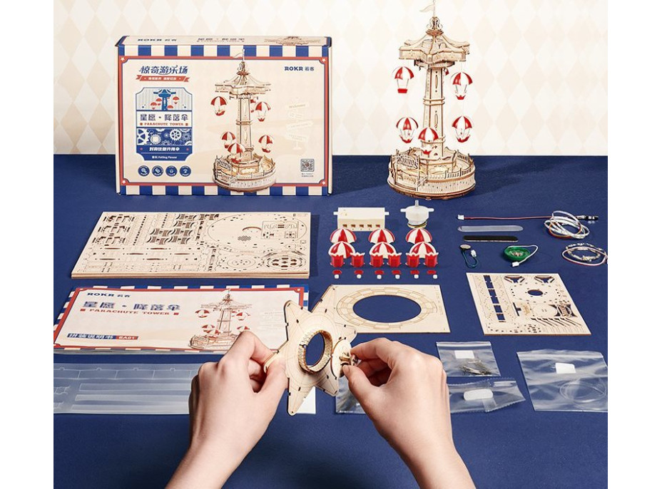 ROBOTIME Rokr Svítící 3D dřevěné puzzle Hrací skříňka: Parašutistická výsadková věž 184 dílků