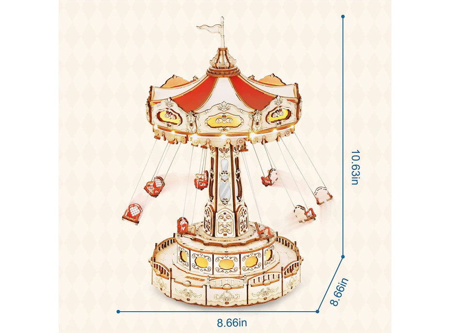 ROBOTIME Rokr Svítící 3D dřevěné puzzle Hrací skříňka: Řetízkový kolotoč 289 dílků