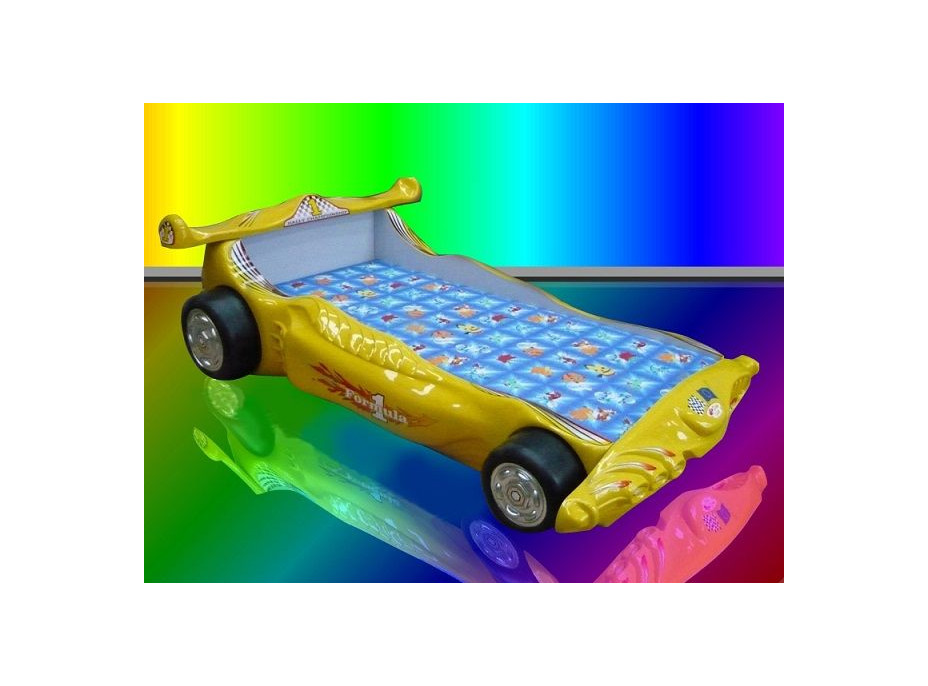 Dětská autopostel FORMULE 200x90 cm - žlutá s MATRACÍ ZDARMA