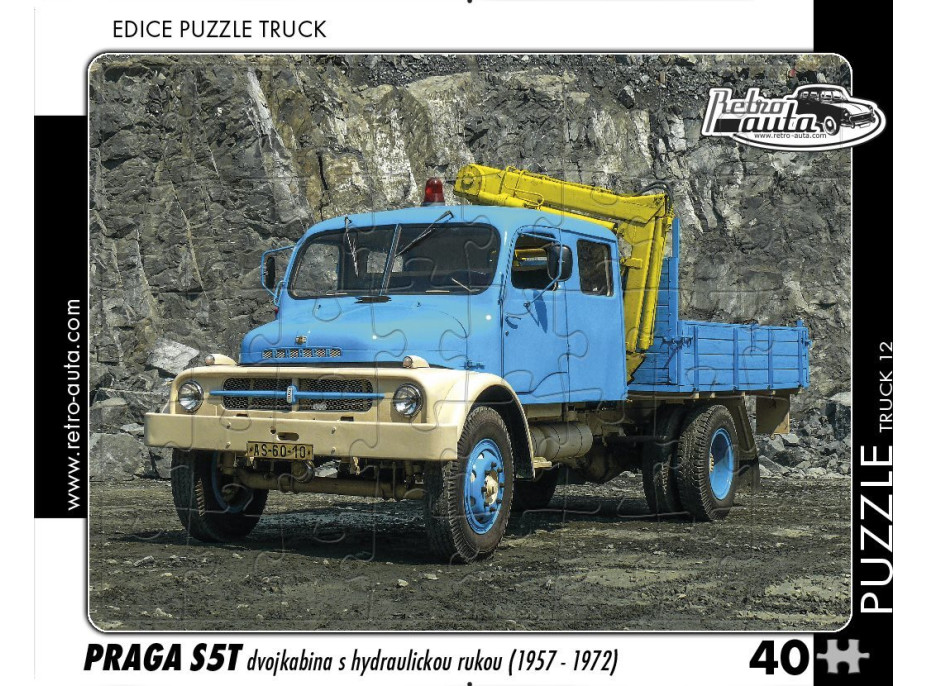 RETRO-AUTA Puzzle TRUCK č.12 Praga S5T dvojkabina s hydraulickou rukou (1957-1972) 40 dílků