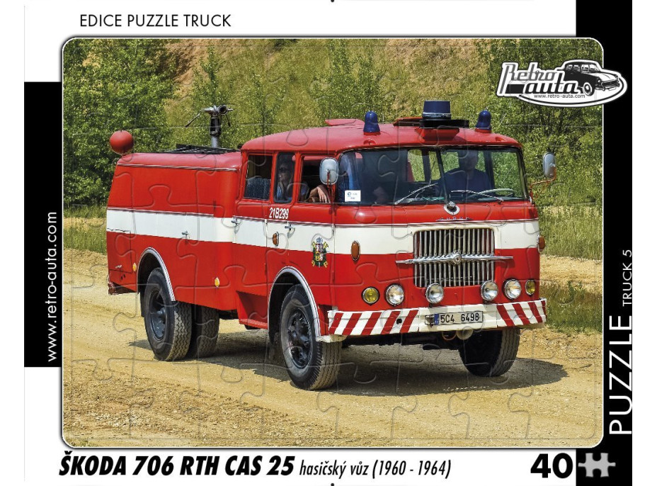 RETRO-AUTA Puzzle TRUCK č.5 Škoda 706 RTH CAS 25 hasičský vůz (1960-1964) 40 dílků