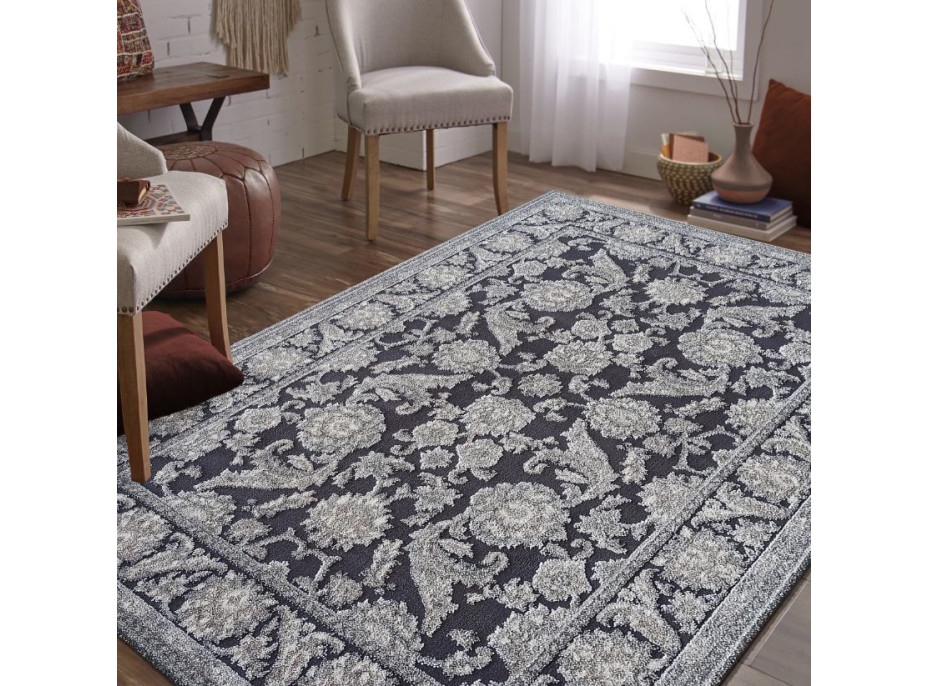 Kusový koberec MAGNE - květy - černý/šedý