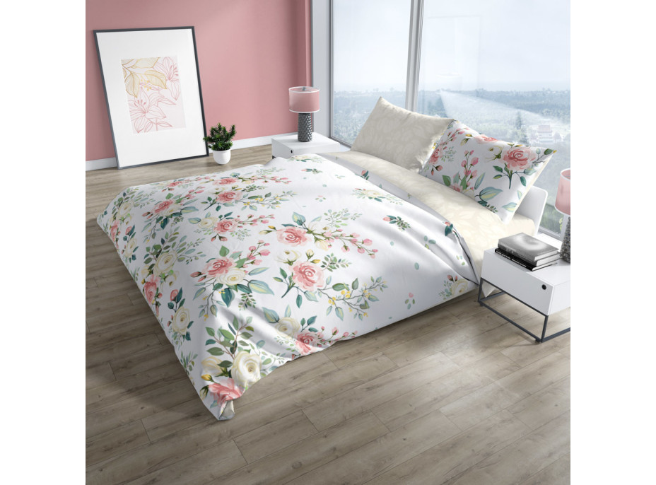 Bavlněné povlečení PURE COTTON Jemné kvítky - bílé/béžové - 220x200 cm