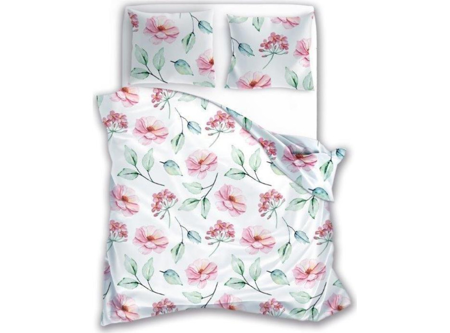 Bavlněné povlečení FLORIA Růžové květy - bílé - 220x200 cm