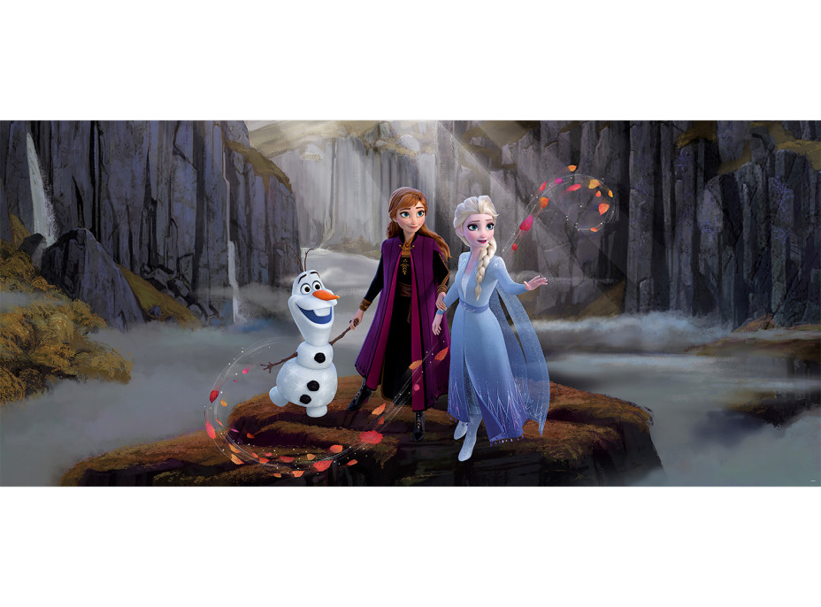 Dětská fototapeta DISNEY - FROZEN - Elsa, Anna a Olaf na horách - 202x90 cm