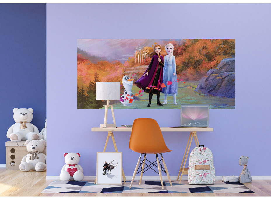 Dětská fototapeta DISNEY - FROZEN - Elsa, Anna a Olaf na horské cestě - 202x90 cm