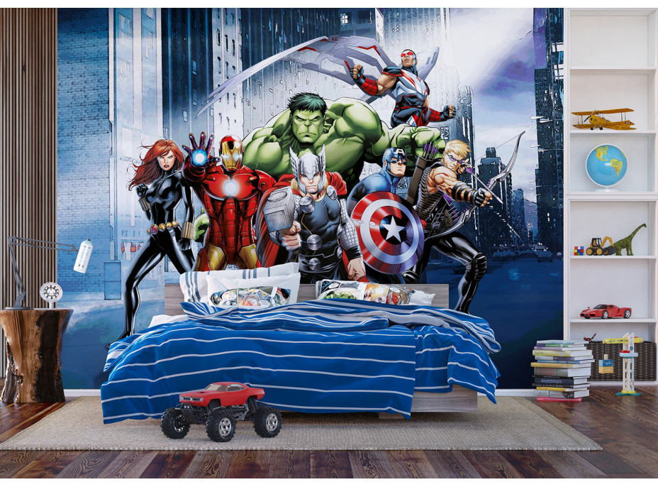 Dětská fototapeta MARVEL - Hrdinové Avengers v ulicích města - 360x270 cm