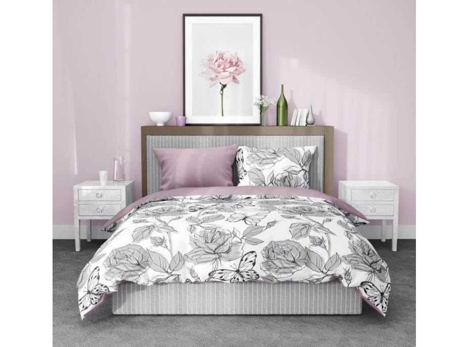 Saténové povlečení ELEGANT Butterfly - bílé/fialové - 160x200 cm