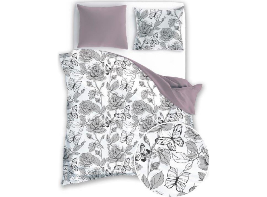 Saténové povlečení ELEGANT Butterfly - bílé/fialové - 160x200 cm