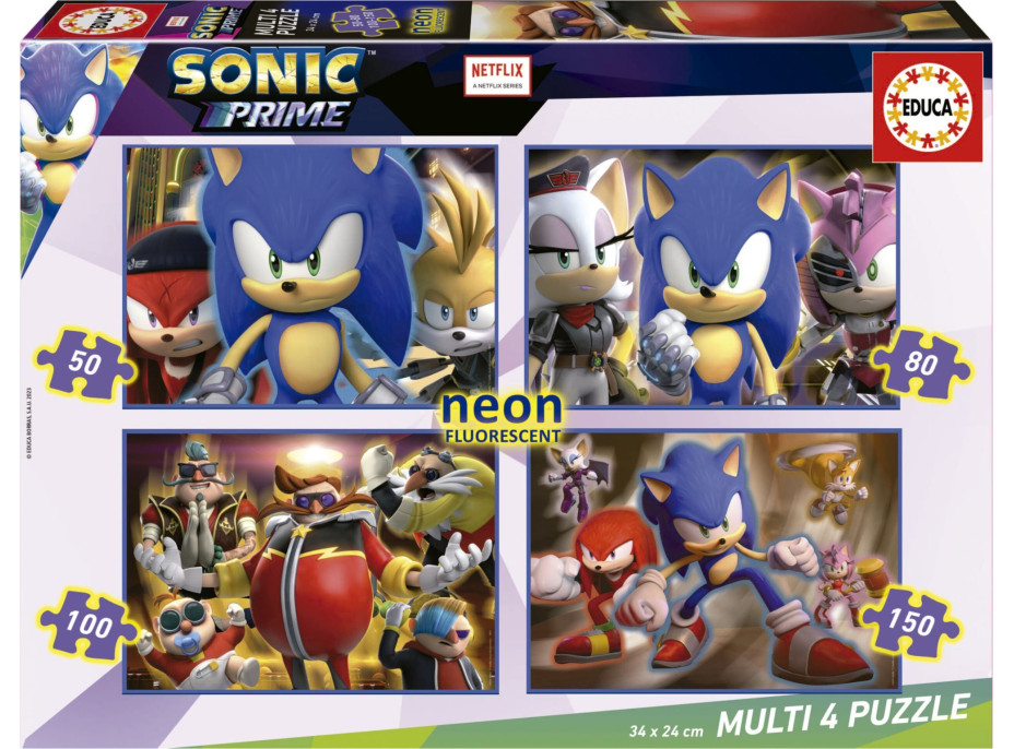 EDUCA Svítící puzzle Sonic Prime 4v1 (50,80,100,150 dílků)
