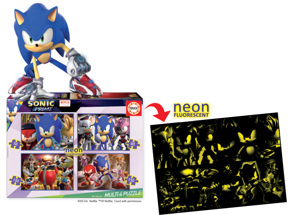 EDUCA Svítící puzzle Sonic Prime 4v1 (50,80,100,150 dílků)