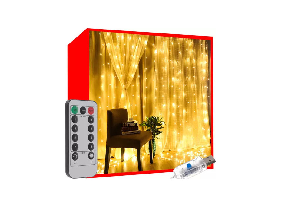 Světelný závěs s dálkovým ovladačem 300 LED USB - teplá bílá