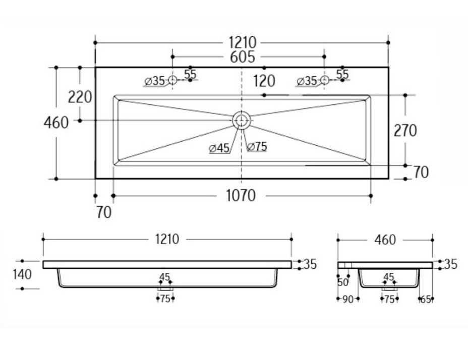 Keramické umyvadlo SPIRIT WHITE 2 120 cm - bílé