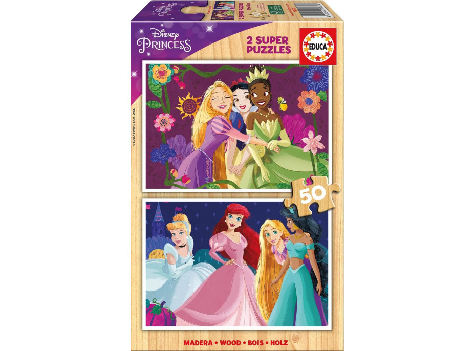 EDUCA Dřevěné puzzle Disney princezny 2x50 dílků