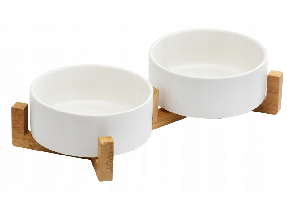 Sada 2 keramických misek s dřevěnou podstavou - 27x13x6,5 cm - bílá/přírodní