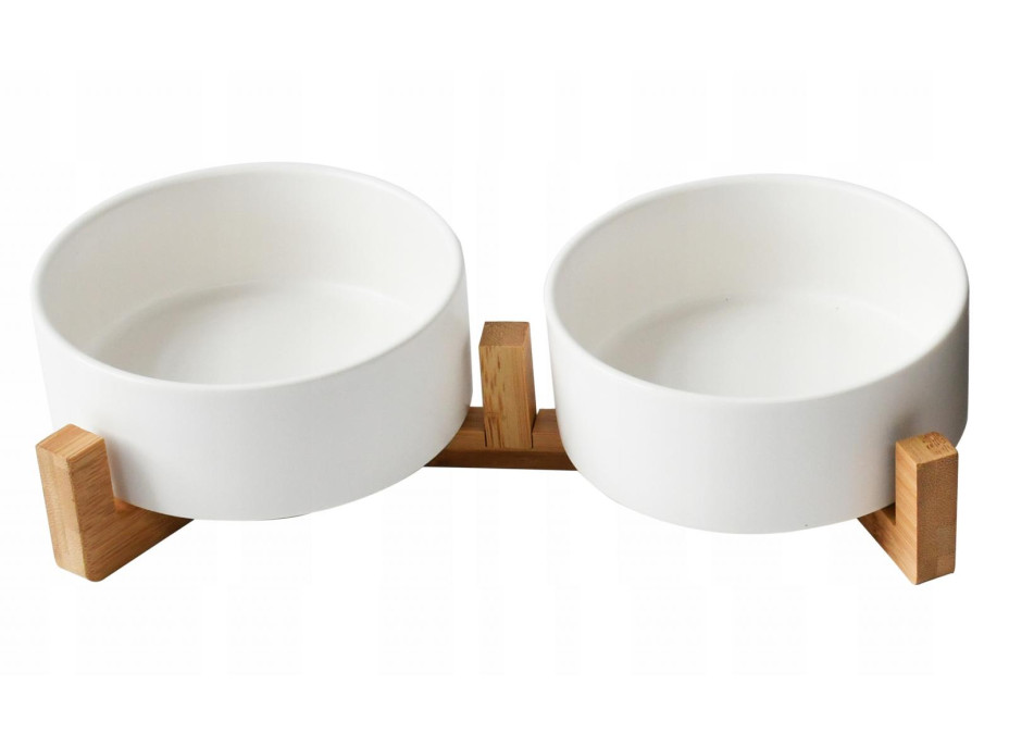 Sada 2 keramických misek s dřevěnou podstavou - 27x13x6,5 cm - bílá/přírodní
