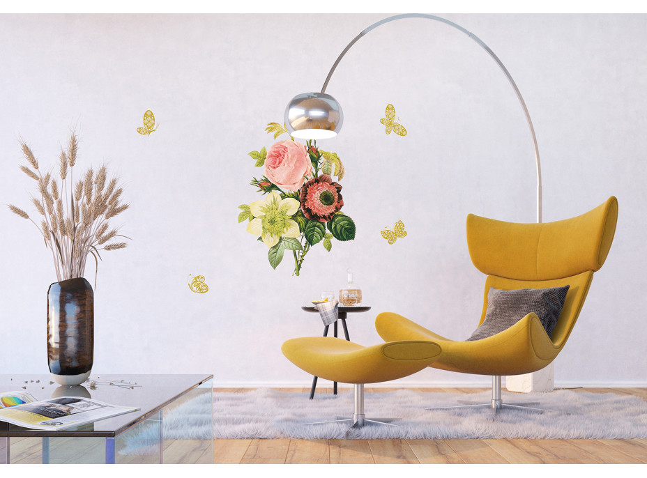 Moderní samolepka na zeď - Francouzské růže a zlatí motýlci - 65x85 cm