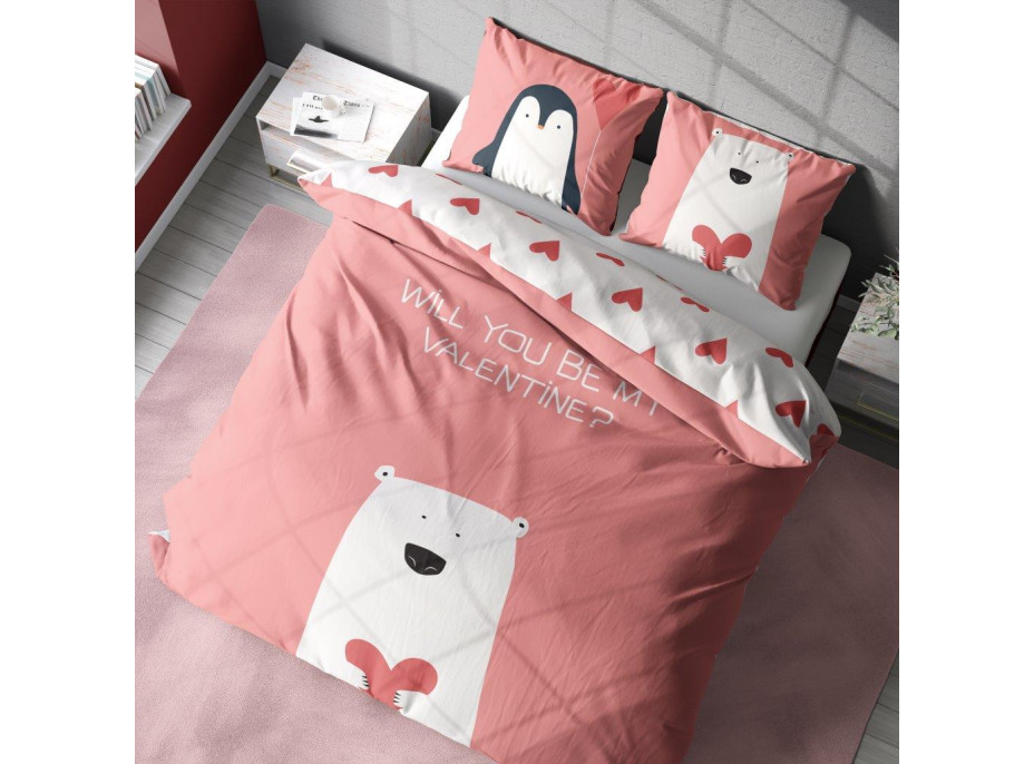 Bavlněné povlečení VALENTINE BEAR - růžové/bílé - 160x200 cm