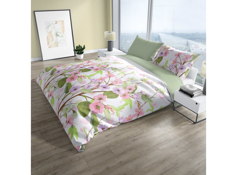 Bavlněné povlečení PURE COTTON bílé/zelené - 160x200 cm