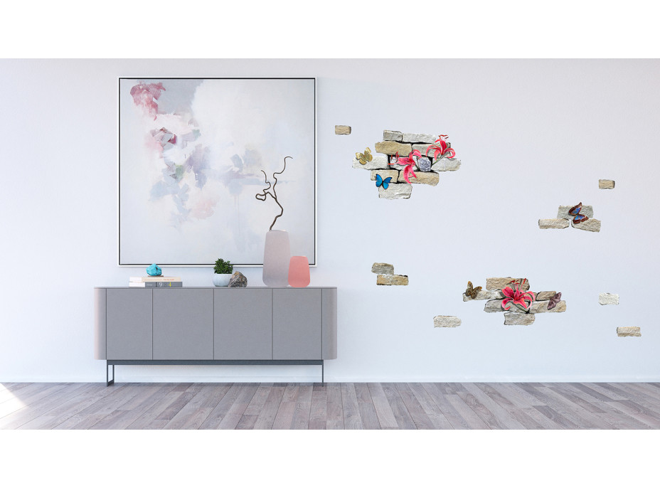Moderní samolepka na zeď - Cihly a květiny - 65x85 cm