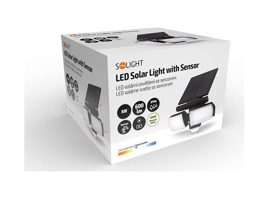 LED solární osvětlení se senzorem, 8W, 600lm, Li-on, černá