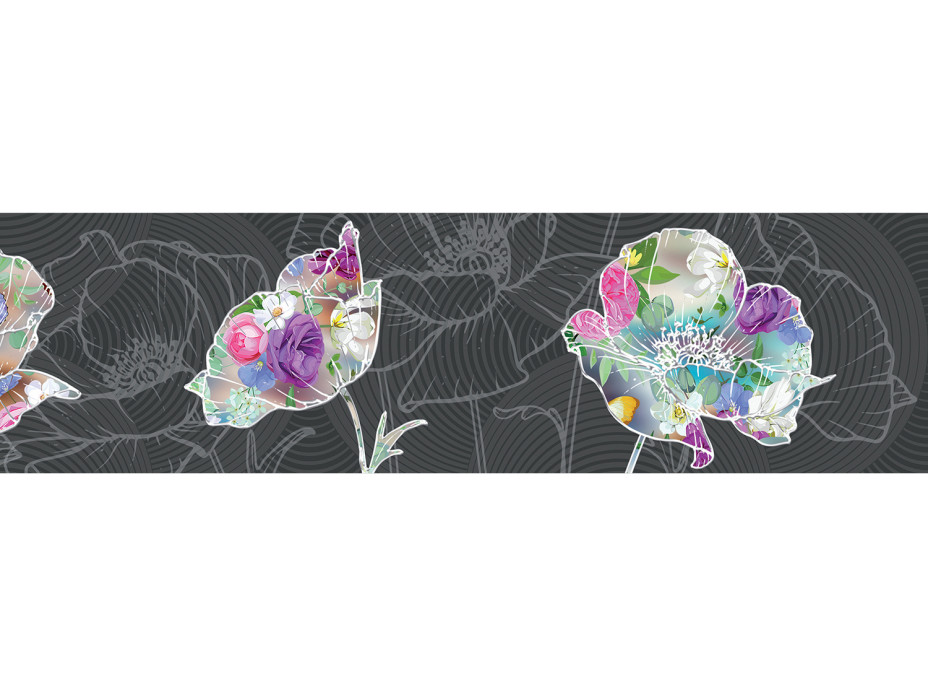 Moderní samolepící bordura - Barevné květy na šedém podkladu - 14x500 cm